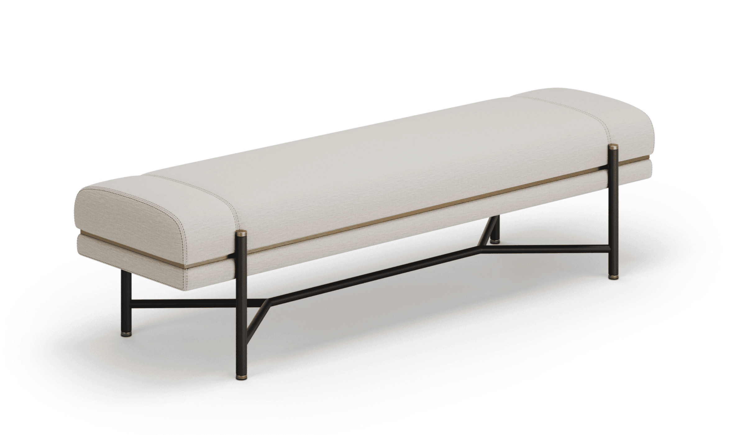 A contemporary upholstered bench featuring a light beige fabric cushion with a subtle texture. The bench is composed of two distinct upholstered layers separated by a slim brass band. The upper layer has rounded edges, while the lower, thinner layer is integrated into the structural design. The upholstery is detailed with subtle double-stitching. The bench is supported by a minimalist black metal frame that incorporates brass accents at the points where the vertical supports meet the horizontal base structure and the bench itself. — 3D model