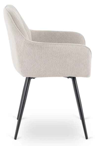 A contemporary dining chair featuring a light-colored, textured fabric upholstery and slender black metal legs. The chair has a gently curved backrest that seamlessly integrates into subtle armrests, forming a bucket-style seat. The visible texture of the fabric appears to be a knit or woven pattern, providing a soft aesthetic contrast to the minimalist metal base. The legs are splayed for stability and extend downwards in a clean, tapered profile. — 3D model