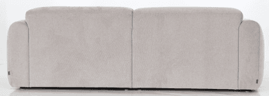 A sofa viewed from the back, featuring a neutral-toned fabric upholstery. The sofa appears to have a modern design with rounded armrests visible on the sides. The back is divided into two distinct cushioned sections, separated by a vertical seam. Small, dark-colored feet are visible at the base. A small, light-colored tag with an emblem is attached to the lower corner of the right side. — 3D model