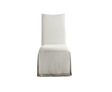 A fully upholstered dining chair featuring a removable slipcover in a light, neutral-toned fabric. The slipcover extends to the floor, forming a pleated skirt around the base, and is accented with a horizontal striped detail near the hem. The chair has a clean, somewhat tall backrest and a comfortable, cushioned seat, presenting a relaxed yet refined aesthetic. — 3D model