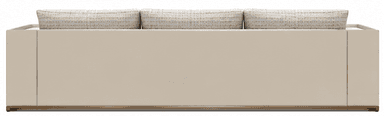 This is a two-seater sofa featuring a contemporary design. It has two large seat cushions and three matching back cushions, along with three smaller square throw pillows, all upholstered in a light beige or cream textured fabric with an irregular, organic pattern. The arms are wide, rectangular, and also upholstered, with a slightly recessed top edge. The base is a solid plinth-style, also upholstered in a plain lighter beige, with a thin gold or brass-toned metallic trim running along the bottom edge. — 3D model