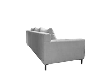 A three-seater sofa with a modern design, featuring a rectangular silhouette, plush seat cushions, and three loose back cushions. The sofa is upholstered in a light gray, textured fabric and is supported by thin, black, angled legs. — 3D model