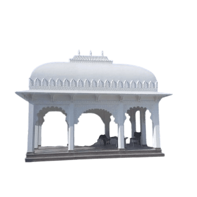 A white, ornate gazebo structure with a domed roof, decorative arches, and intricate detailing along the eaves and roof peak. The structure is raised on a plinth with steps and contains a circular table and several chairs inside. — 3D model