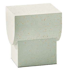 A modern side table with a stacked geometric design. The base is a square prism, topped by a larger, L-shaped element with a curved face. The surface has a speckled pattern. — 3D model