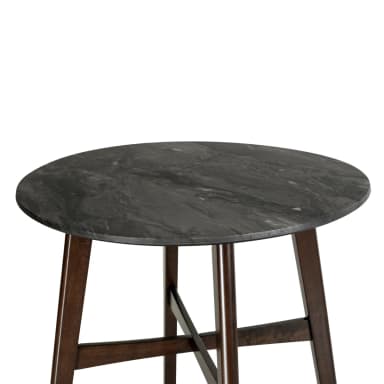 A round counter-height table featuring a dark, textured slate-effect tabletop resting on a sturdy wooden base with four tapered legs. The legs are connected by a reinforcing X-shaped stretcher located about halfway down the legs. The wood has a dark brown finish. — 3D model
