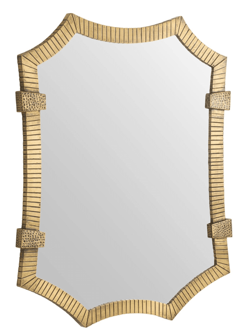 A decorative wall mirror with an ornate, textured frame. The frame has a complex, multi-faceted shape with a stepped, ribbed texture along its outer edges. At the four main vertical and horizontal junctions, there are rectangular decorative elements with a perforated, pitted surface. The overall finish appears to be a metallic gold or brass tone. — 3D model