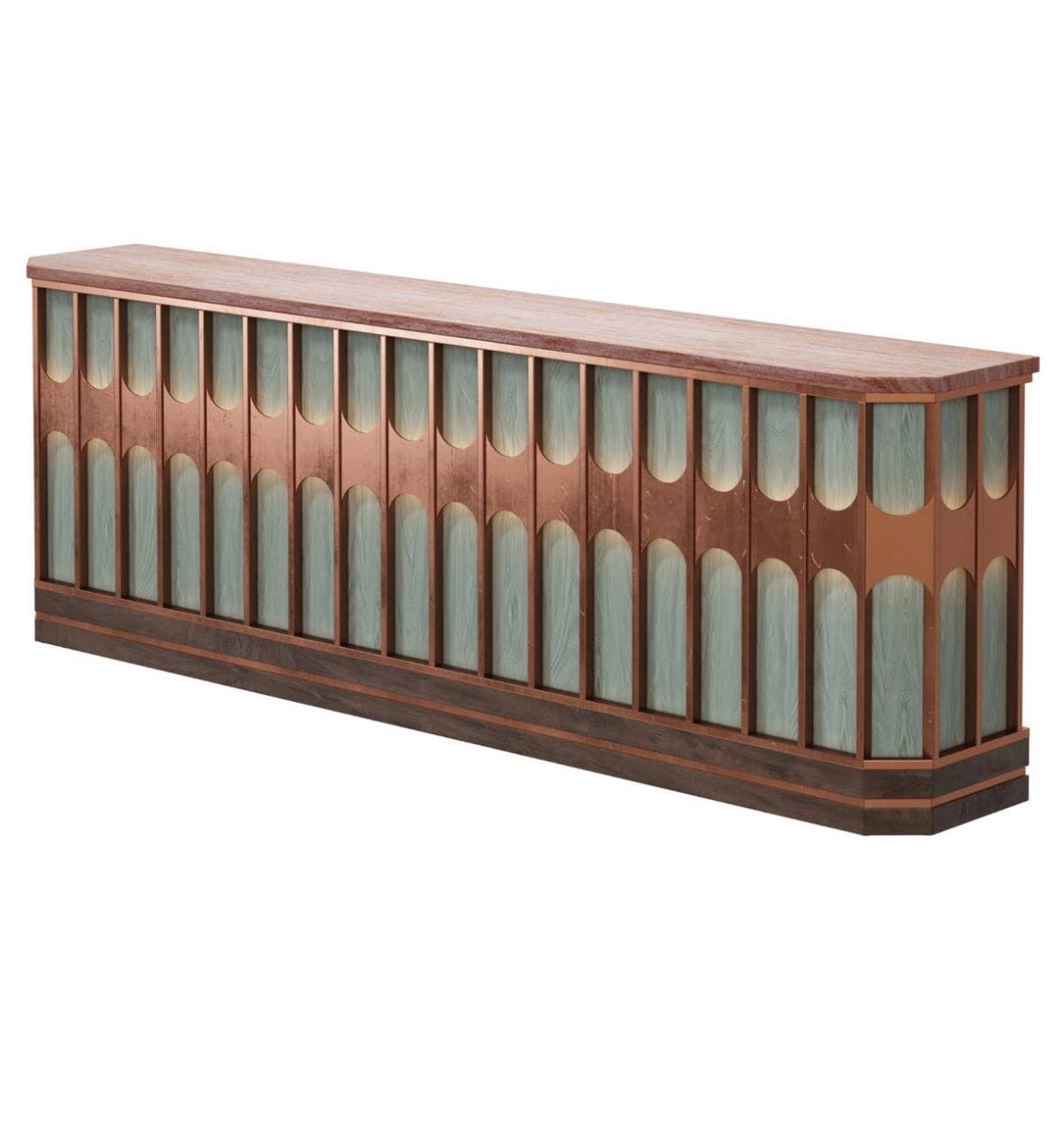 A long, rectangular bar cabinet featuring a flat wooden top and a robust base. The front facade is highly decorative, composed of vertical copper-toned metal panels with repeated arched cutouts, revealing a lighter, possibly pale green or light wood, material behind them. The overall design exudes a distinct Art Deco or contemporary aesthetic with a luxurious metallic finish. — 3D model