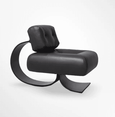 A modern armchair with a sculptural design. The seat and back are upholstered in black leather with deep tufting on the headrest. The base is made of curved, matte black metal elements that provide a unique, cantilevered appearance. — 3D model