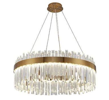 A modern circular chandelier featuring a polished brass frame that encases multiple tiers of clear, faceted crystal rods. The light source is positioned behind the crystals, creating a sparkling, diffused illumination. It is suspended from the ceiling by thin cables attached to a circular brass canopy. — 3D model