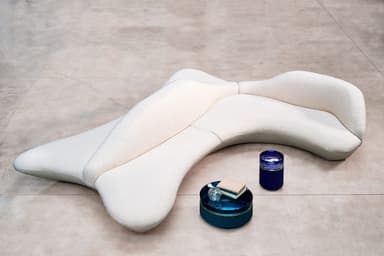 A modular sofa with an organic, curvilinear design, upholstered in a textured boucle fabric. The sofa appears to be composed of multiple connected units, creating an unusual, flowing silhouette that deviates from traditional sofa forms. The front section has a low profile with rounded edges, while the back section features a more upright, curved backrest. — 3D model