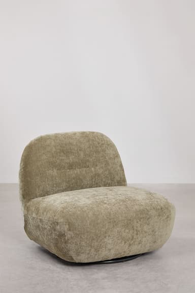 A contemporary low-profile swivel lounge chair, upholstered in a textured greenish-beige fabric. The chair features a rounded, organic silhouette with a wide, integrated back and seat, and no distinct armrests. It rests on a discreet black circular swivel base, visible at the bottom. — 3D model