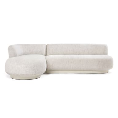 A contemporary modular sectional sofa, upholstered in a light, textured fabric, featuring a curved silhouette and an integrated chaise lounge. The sofa has a low, rounded profile with plush backrests and seats, resting on a recessed plinth base. — 3D model