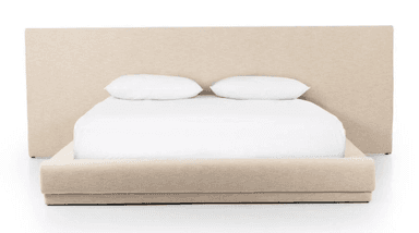 A modern upholstered platform bed featuring a clean, minimalist design. The entire frame, including the tall, rectangular headboard and the low-profile base, is covered in a light beige, textured fabric. The bed is designed to support a mattress without the need for a box spring. — 3D model
