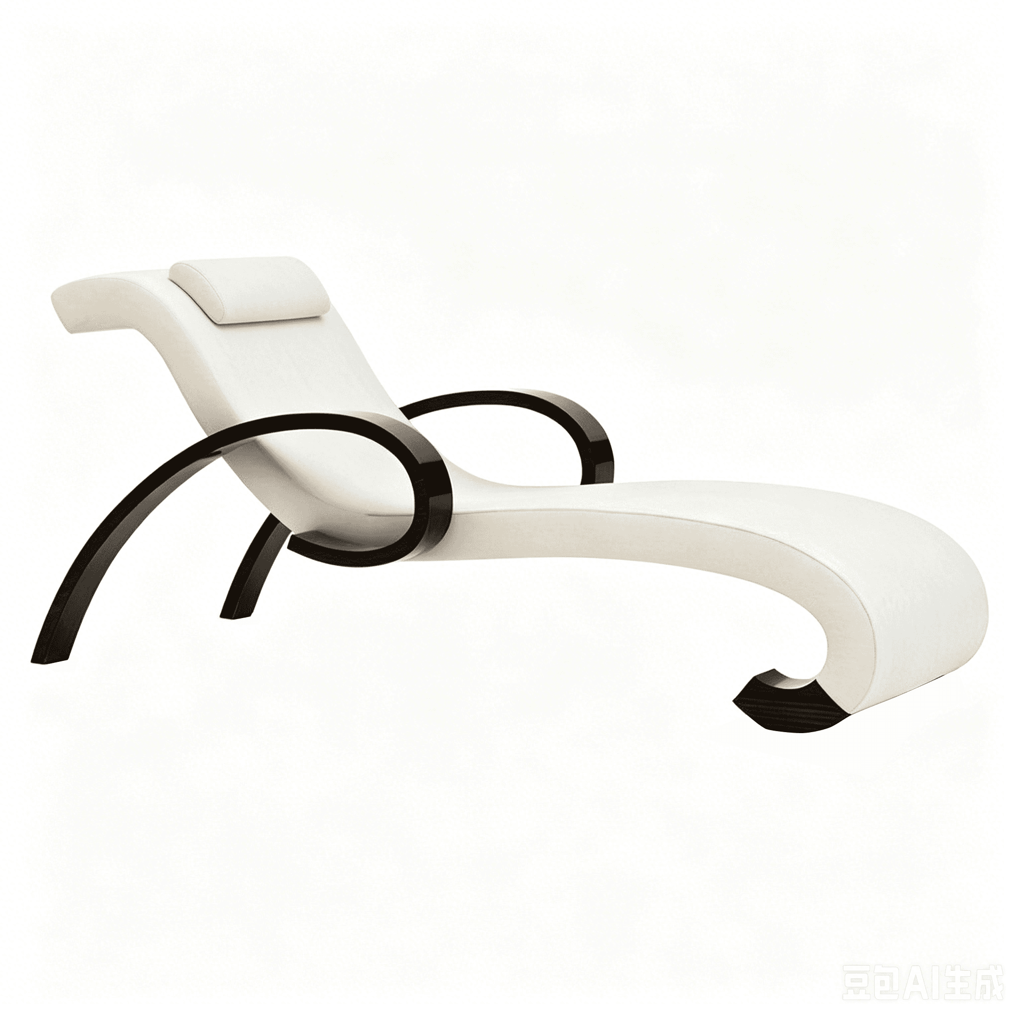A modern chaise lounge featuring a sleek, curvaceous design. The main body is upholstered in a light, possibly cream or off-white fabric, providing a continuous, ergonomic surface. The piece is supported and accented by dark, possibly wood or wood-finished, elements that form the base and integrated armrests, adding a contrasting and sculptural touch. A small, matching upholstered headrest cushion is present. — 3D model