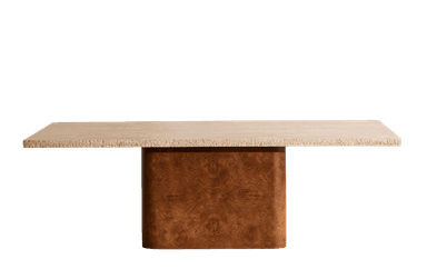 A robust table featuring a light-colored, rectangular travertine top with a natural, chiseled edge, supported by a substantial, rounded pedestal base crafted from rich, patterned burl wood. — 3D model