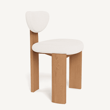 A modern chair with a distinct design featuring a wooden frame and a cushioned seat and backrest. The frame has a blocky, geometric construction with thick, upright legs and a similarly structured seat support. The backrest is curved and upholstered. The visible wood grain suggests a natural finish. — 3D model