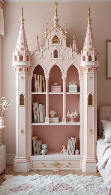 A highly decorative, castle-themed bookshelf and display cabinet featuring multiple turrets, spires, and arched openings. The piece is rendered in a soft pastel pink color with intricate gold accents and stands on a white base. It includes several open shelves for display and two small drawers at the bottom. — 3D model