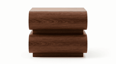 A modern, rectangular storage unit or nightstand, crafted from rich dark wood, likely walnut. It features two stacked compartments, each equipped with a curved, slatted tambour door that slides open horizontally to reveal interior storage. The design is minimalist with clean lines and a smooth, matte finish, highlighting the natural wood grain. — 3D model
