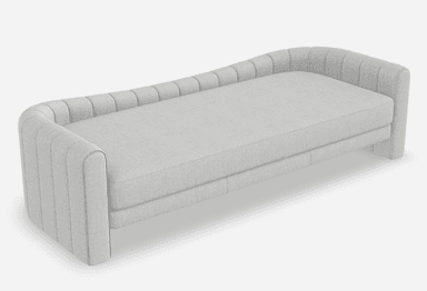 A contemporary sofa with a geometric patterned upholstery. The sofa features a low profile with rounded armrests that curve into the backrest. The seat and back cushions are integrated into a single, continuous surface. The upholstery has a repeating pattern of beige and off-white horizontal and vertical lines forming rectangular shapes. — 3D model