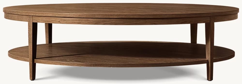 An oval coffee table with a lower shelf. The table features a rounded edge on the top surface and straight legs connecting the top surface to the lower shelf. The grain of the wood is visible. — 3D model