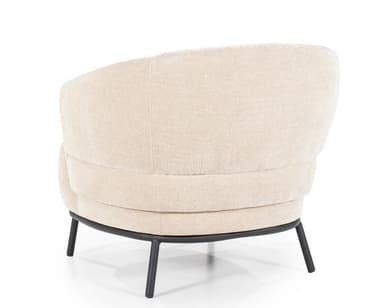A contemporary armchair with a curved silhouette and a plush upholstered seat and back. It is supported by a slender, dark metal base with four legs. — 3D model