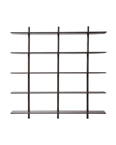 A modern, minimalist wall-mounted shelving unit featuring multiple horizontal dark wood shelves interconnected by vertical supports, designed for display and storage. — 3D model