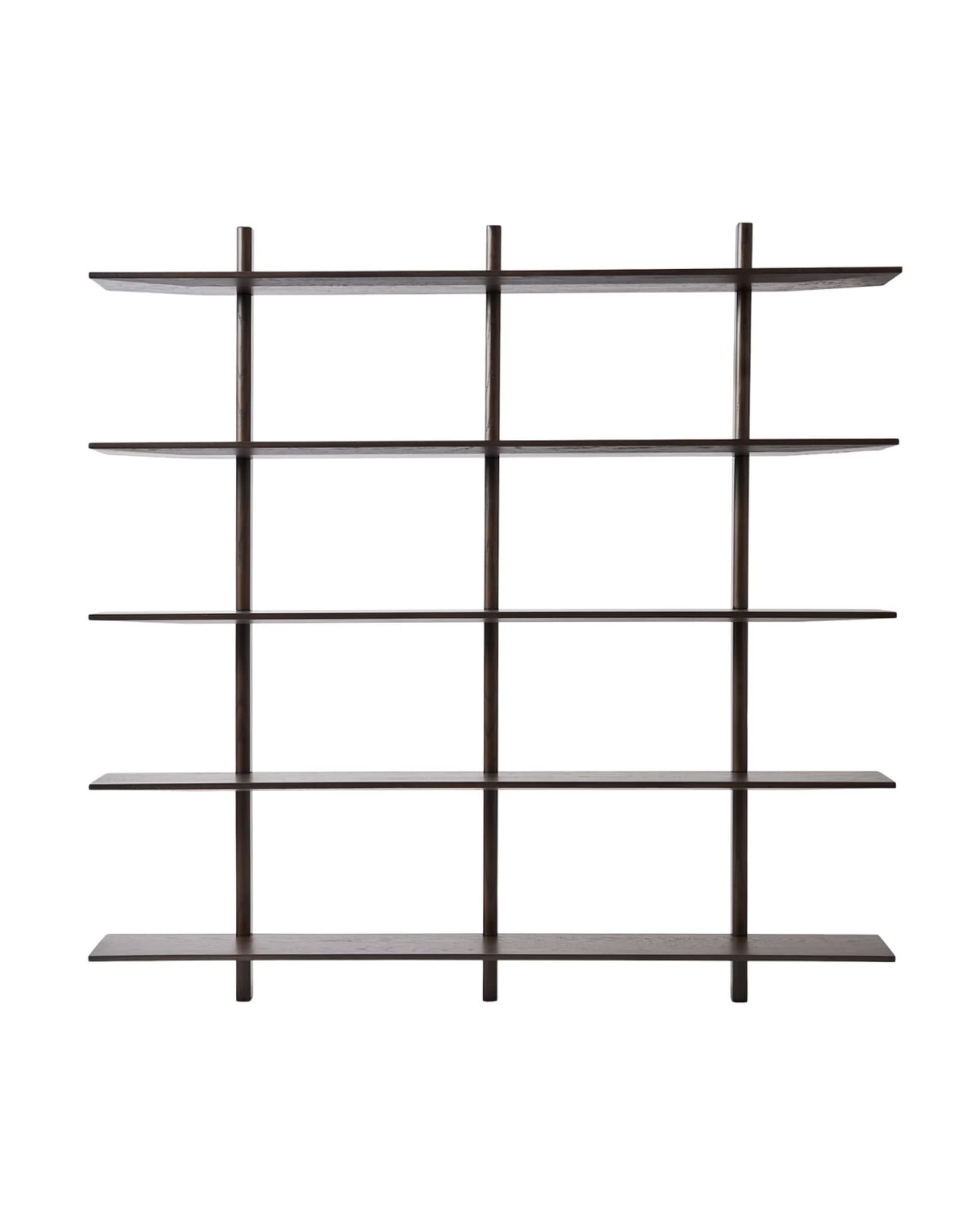 A modern, minimalist wall-mounted shelving unit featuring multiple horizontal dark wood shelves interconnected by vertical supports, designed for display and storage. — 3D model