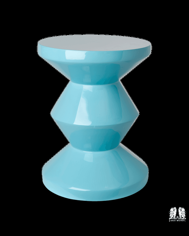 A bright blue stool with a distinctive hourglass shape. The stool features a smooth, glossy finish and a rounded top surface. Its form is composed of three stacked segments, with the central segment being the narrowest, creating a symmetrical, tapering profile from base to top. — 3D model