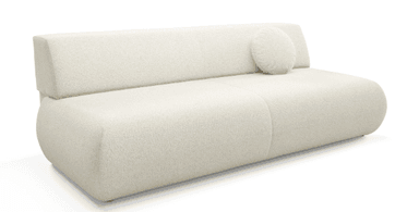 A modern, low-profile sofa with a minimalist design. It features a seamless, upholstered frame with rounded edges, a slightly angled backrest, and a single long seat cushion. A small, round throw pillow is placed on the right side of the backrest. The upholstery has a textured appearance. — 3D model