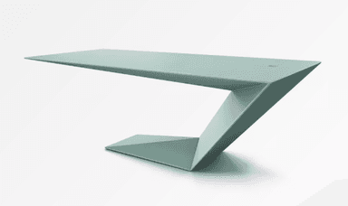 A modern desk with a striking, geometric design. The desk features a thin, cantilevered tabletop that appears to float, supported by a single, angular leg structure. The leg is constructed from folded planes creating a dynamic, sculptural form. There is a small, circular opening on the tabletop, possibly for cable management. — 3D model