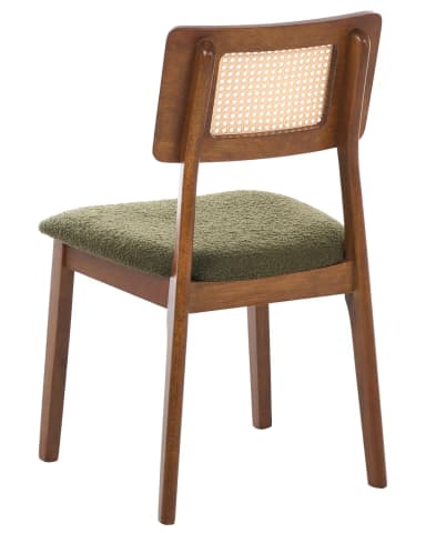 An armless dining chair featuring a mid-century modern design. It has a solid wooden frame with a warm brown finish, a backrest with a natural woven cane insert, and a padded seat upholstered in a green boucle-style fabric. The legs are subtly tapered, and the overall construction suggests both durability and a refined aesthetic. — 3D model