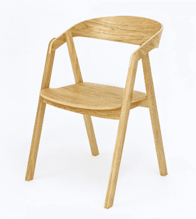 A modern armchair constructed from light-colored wood, likely oak, featuring a curved backrest and integrated armrests that flow seamlessly from the back. The seat is also gently contoured. The chair stands on four angled, tapered legs. — 3D model