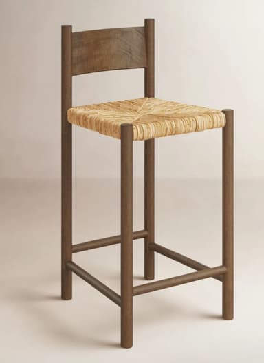 A tall wooden bar stool featuring a rectangular wooden backrest and a square seat woven from natural rush fiber. The frame consists of four slender round legs joined by rectangular stretchers. — 3D model