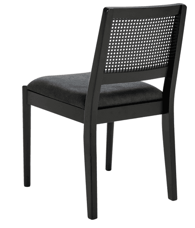 A black side chair with a cane-woven backrest and a upholstered seat. The chair features a rectangular cane back panel set within a black wooden frame. The seat is upholstered in a dark grey fabric. The frame and legs are constructed from black wood, with tapered legs. — 3D model
