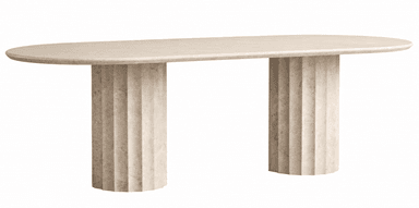 A modern oval table crafted from light-colored travertine stone, featuring a thick, smooth tabletop supported by two robust, fluted cylindrical pedestals. The stone exhibits natural texture and coloration. — 3D model