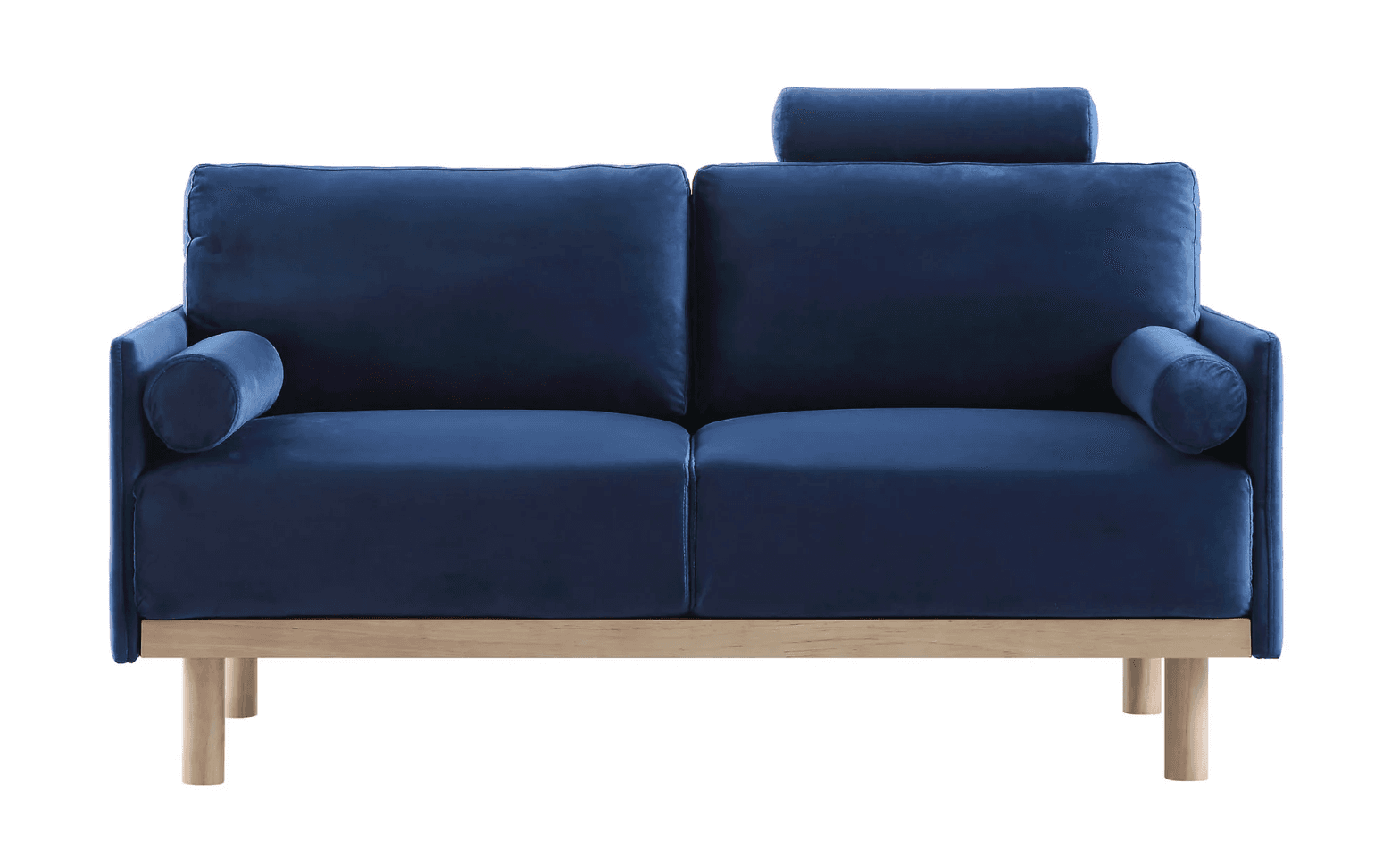 A modern two-seater loveseat featuring navy blue velvet upholstery and an exposed light-toned wooden frame. The loveseat includes two back cushions, two seat cushions, two cylindrical bolster pillows integrated into the arms, and a single removable, adjustable headrest cushion. The frame consists of horizontal wooden rails supporting the upholstered body and four round, tapered wooden legs. — 3D model