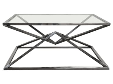 A contemporary square coffee table featuring a clear glass top supported by a sculptural dark gray metal base with an intricate geometric design. — 3D model