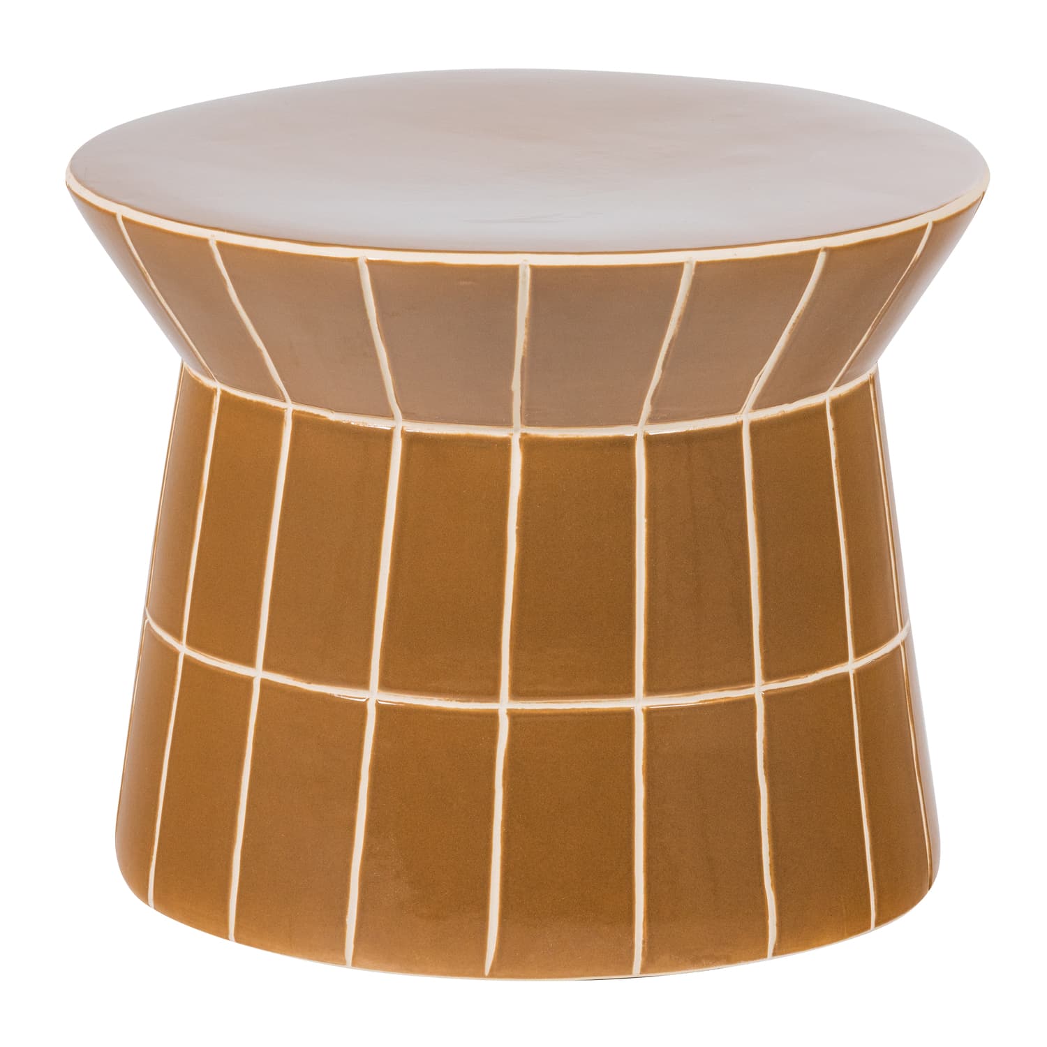 A contemporary glazed ceramic accent table, featuring a drum-like shape with an inwardly curved mid-section. Its surface is a rich caramel-brown, adorned with a geometric grid pattern created by incised lines filled with a contrasting light, off-white material, resembling grout between tiles. The top surface is flat and smoothly glazed in a slightly lighter, solid tone. — 3D model