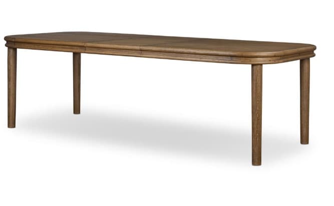 A rectangular dining table with four legs. The tabletop appears to be extendable, indicated by the seams in the middle. The edges of the tabletop are rounded, and the legs are cylindrical and tapered. — 3D model