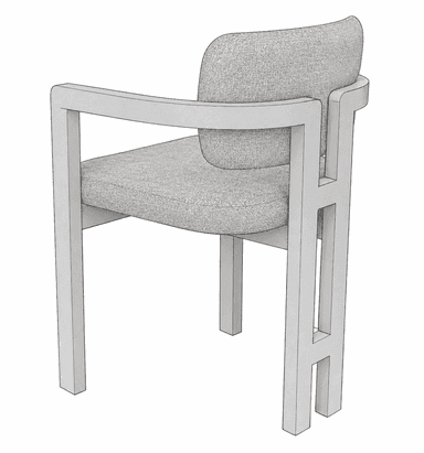 A contemporary armchair featuring a light-colored wooden frame with a distinctive H-shaped design on the rear legs. It has a padded seat cushion and a curved backrest cushion, both upholstered in a light grey, textured fabric. The arms are integrated into the frame, providing support and a clean aesthetic. — 3D model