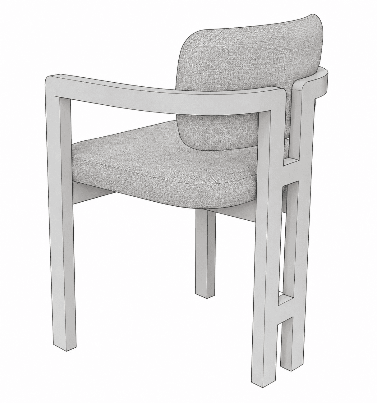 A contemporary armchair featuring a light-colored wooden frame with a distinctive H-shaped design on the rear legs. It has a padded seat cushion and a curved backrest cushion, both upholstered in a light grey, textured fabric. The arms are integrated into the frame, providing support and a clean aesthetic. — 3D model
