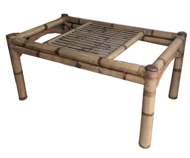 A rectangular low table constructed from natural bamboo culms and rattan, featuring a central slatted surface and open sections on its top. — 3D model
