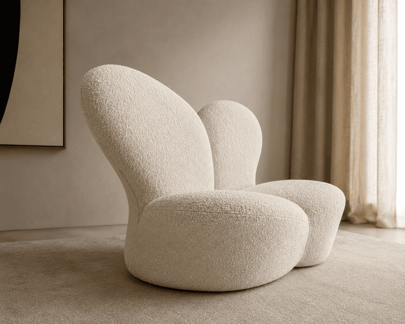 A sculptural, low-profile lounge chair upholstered in cream-colored bouclé fabric. The chair features a distinct organic form with smooth, continuous curves forming the seat, back, and integrated armrests. Its plush appearance suggests comfort, and the overall design is contemporary and minimalist, resting directly on the floor without visible legs. — 3D model