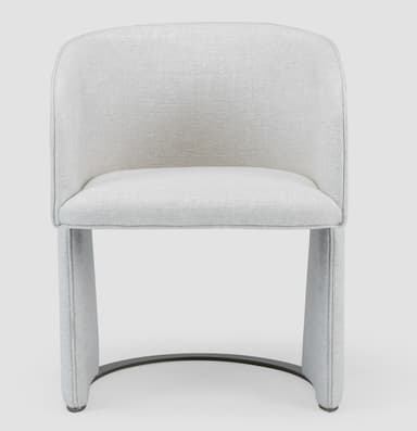 An upholstered dining chair featuring a unique sculptural pedestal base. The chair has a curved backrest and integrated armrests, all seamlessly upholstered in a light-colored, textured fabric. The base flares out from the center, creating a sturdy yet visually distinctive support, finished with a dark circular metal ring at the very bottom. — 3D model