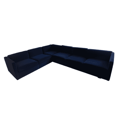 A dark blue, multi-seat sectional sofa with a low profile and blocky arms. It appears to be upholstered in a soft fabric, possibly velvet, and is configured in an L-shape. — 3D model