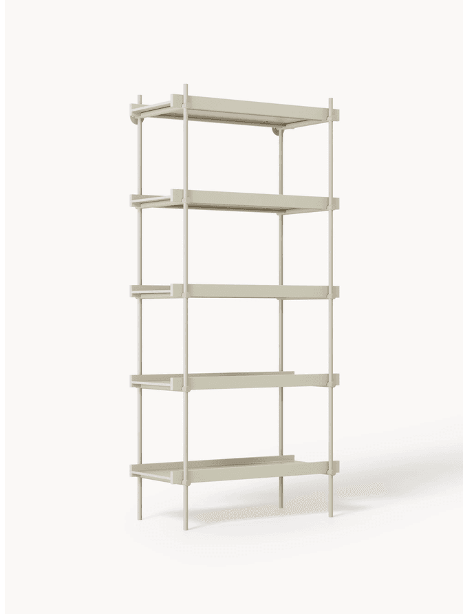 A tall, slender, light greige modular shelving unit featuring five open shelves supported by a minimalist rod-based frame structure. Each shelf has a subtle lip or ledge on three sides. — 3D model