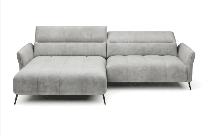 A sectional sofa with a chaise lounge. The sofa features a modern design with clean lines and plush cushioning. The backrests and seat cushions have a horizontally tufted appearance. It is supported by slender, dark-colored legs. — 3D model