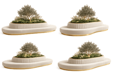 An upholstered, curved seating unit featuring an integrated central planter with an olive tree and green foliage. The seating is finished in a light-colored fabric with channel tufting and gold-finished metal trim. — 3D model