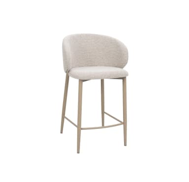 A modern bar stool with a rounded, upholstered seat and backrest. The frame consists of four slender, tapered legs connected by a subtle crossbar near the base and a curved element supporting the backrest. The upholstery features a textured, woven fabric. — 3D model