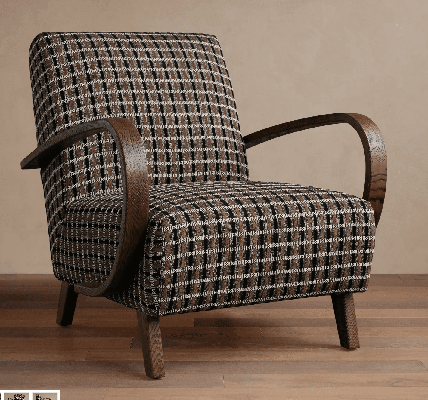 An upholstered armchair featuring a distinctive plaid pattern in dark brown, black, and cream, set against dark stained wooden arms and tapered legs. The design combines a classic aesthetic with modern lines, suitable for various interior settings. The wooden armrests exhibit a smooth, curved shape, providing a comfortable resting place. — 3D model